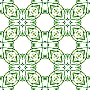 Ikat repeating swimwear design. Green bizarre boho chic summer design. Watercolor ikat repeating tile border. Textile ready remarkable print, swimwear fabric, wallpaper, wrapping.