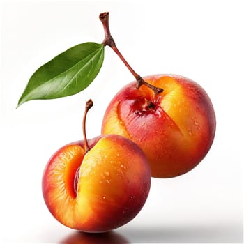 Juicy nectarines spinning smooth skin glistening pit midair Prunus persica var nucipersica Food and Culinary. Food isolated on transparent background.