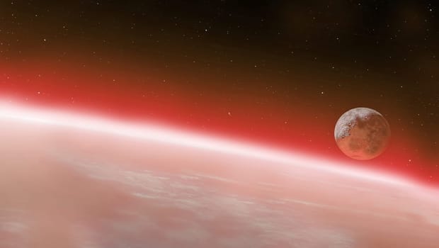 The image shows a planetary horizon with a glowing red atmosphere and a distant moon against the background of stellar space
