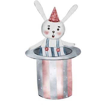 Circus banny watercolor. Cute animal inside a magician's hat vintage hand drawing. Baby clip art isolated on white retro background. Ideal for nursery posters, cards and entertainment invitations. High quality photo