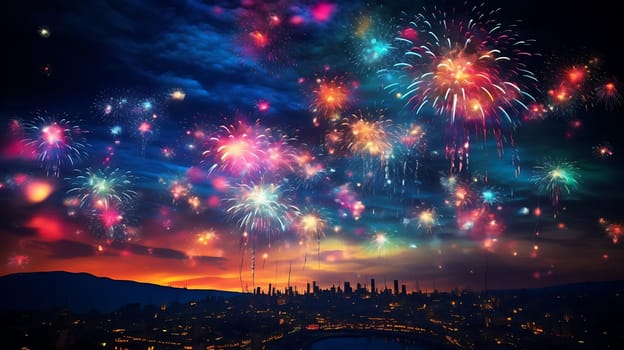 Colorful fireworks on night sky. Dark background with a close-up. AI generated