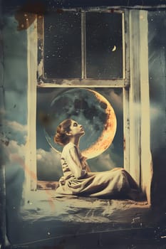 Fantastic Photo With Girl Sitting On Moon Background In Vintage Style