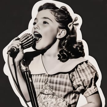 A woman singing into a microphone. The photo is a vintage style and the woman is smiling. The mood of the photo is happy and joyful