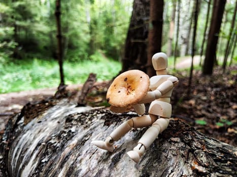 Wooden toy mannequin in a summer or autumn forest with a mushroom. The concept of mushroom picking, nature walk, autumn abundance