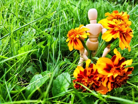 Wooden toy man with flowers against background grass in nature. Concept of holiday, gift bouquet, Valentine's Day, proposal, engagement, declaration of love, Mother's Day. Caring, loving and romantic