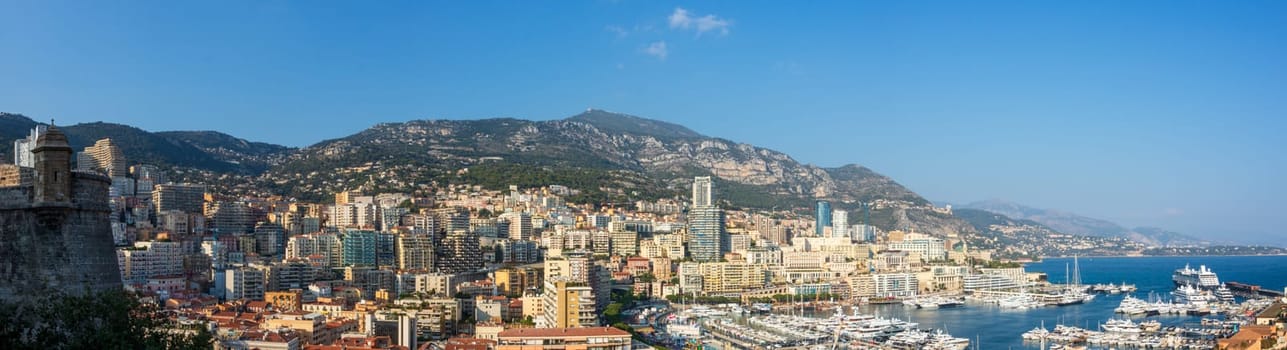 Panoramic view of Monte Carlo marina and cityscape. Principality of Monaco, French Riviera
