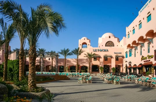 Hurhgada, Egypt - April 9, 2006: hotel courtyard on the shores of the Red Sea, Egypt