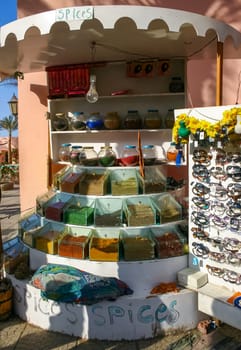 Hurhgada, Egypt - April 9, 2006: small Egyptian spice shop in the city of Hurghada on the Red Sea coast, Egypt