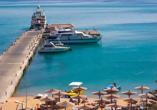 Hurghada, Egypt - November 01, 2007: Tourist diving yachts anchored near the pier in the Red Sea, Egypt