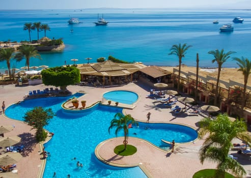 Hurhgada, Egypt - November 01, 2007: swimming pool for tourists in the courtyard of a hotel on the shores of the Red Sea, Egypt