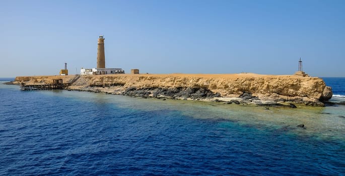 Big Brother Island, Egypt - April 20, 2010:  Lighthouse of Big Brother, Brother Islands, Red Sea, Egypt
