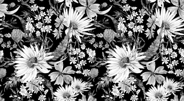 Seamless monochrome watercolor pattern with daisies and wildflowers drawn in watercolor
