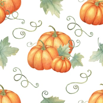 Watercolor seamless pattern featuring orange pumpkins and green leaves. Hand drawn backdrop clipart for autumn event invitations, home textiles, wrapping paper, and eco-friendly packaging designs.