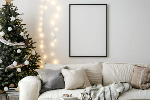 A mockup frame surrounded by a white Christmas tree with a white pillow and a white blanket on the bed. The room is decorated with Christmas lights and gifts