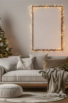 A mockup frame hanging on the wall in the living room, surrounded by a decorated Christmas Scandinavian interior. Vertical photo The room is decorated with Christmas lights and gifts