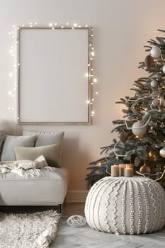 A mockup frame surrounded by a white Christmas tree with a white pillow and a white blanket on the bed. The room is decorated with Christmas lights and gifts