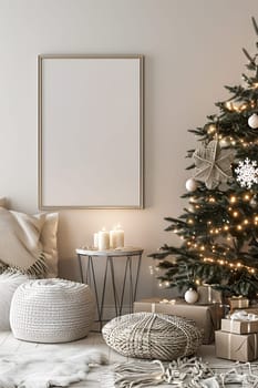 A mockup frame hanging on the wall in the living room, surrounded by a decorated Christmas Scandinavian interior. Vertical photo The room is decorated with Christmas lights and gifts