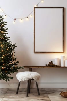 A mockup frame hanging on the wall in the living room, surrounded by a decorated Christmas Scandinavian interior. Vertical photo The room is decorated with Christmas lights and gifts