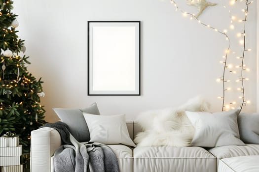 A mockup white frame in a decorated festive Christmas interior