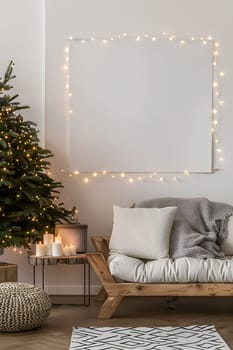 A mockup frame hanging on the wall in the living room, surrounded by a decorated Christmas interior. Vertical photo The room is decorated with Christmas lights and gifts