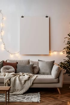 A mockup frame hanging on the wall in the living room, surrounded by a decorated Christmas Scandinavian interior. Vertical photo The room is decorated with Christmas lights and gifts