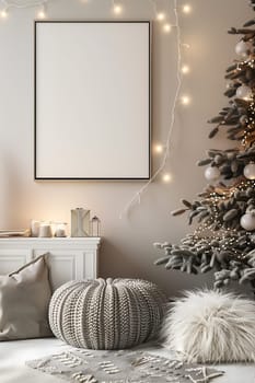 A mockup frame surrounded by a white Christmas tree with a white pillow and a white blanket on the bed. The room is decorated with Christmas lights and gifts