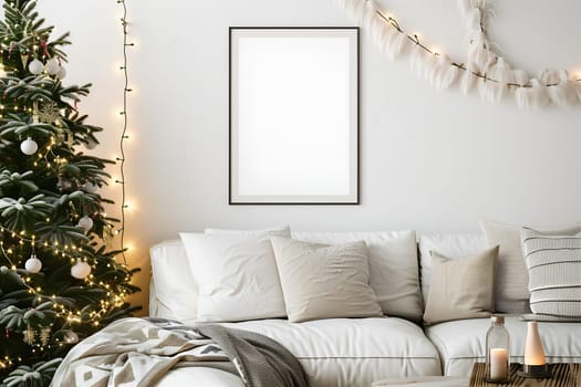 A mockup frame surrounded by a white Christmas tree with a white pillow and a white blanket on the bed. The room is decorated with Christmas lights and gifts