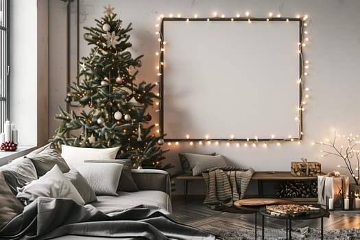 A mockup white frame in a decorated festive Christmas interior