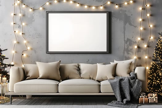 A mockup frame hanging on the wall in the living room, surrounded by a decorated Christmas interior. The room is decorated with Christmas lights and gifts