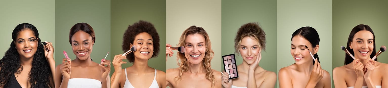 Seven diverse women apply makeup with brushes and products, smiling and looking directly at the camera. They each wear minimal clothing, showcasing different skin tones and hair textures
