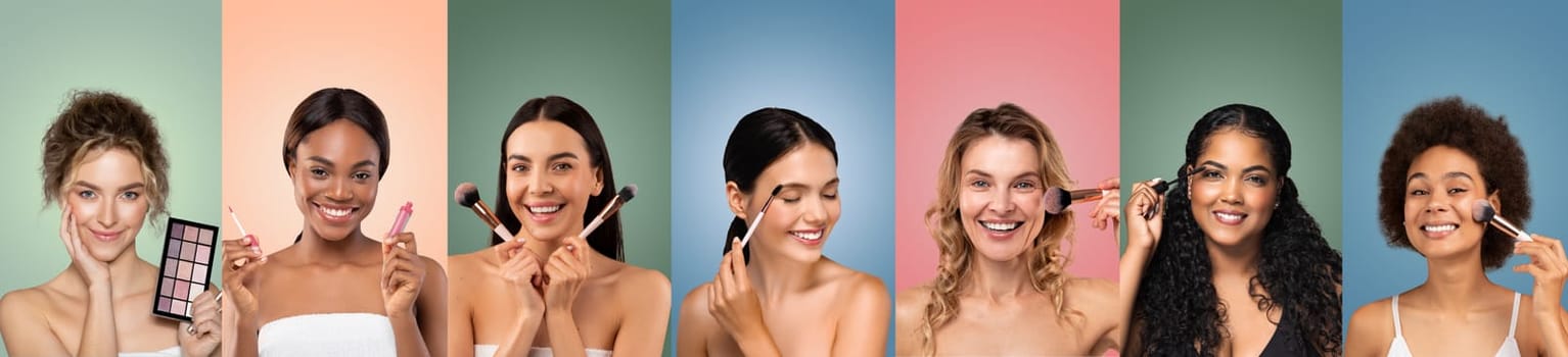 A group of diverse women with various skin tones apply makeup using brushes and sponges in front of vibrant colored backgrounds. They are all smiling and appear happy and confident.