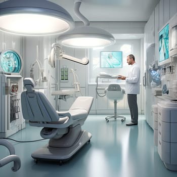 Dentist in protective clothing uses advanced tools and monitors to perform a procedure. Dentist in a state-of-the-art clinic with futuristic design and atmosphere.