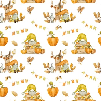Cute autumn dwarf with pumpkin harvest watercolor painting seamless pattern. Fall season cartoon gnome with orange vegetable aquarelle painting