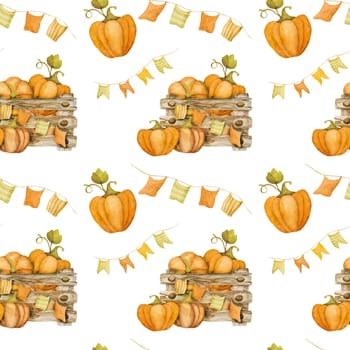 Cute autumn dwarf with pumpkin harvest watercolor painting seamless pattern. Fall season cartoon gnome with orange vegetable aquarelle painting