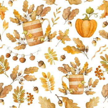 Autumn oak and maple leaves with pumpkin watercolor drawing seamless pattern. Fall season foliage with acorns aquarelle painting