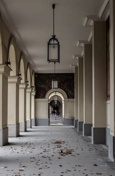 Munich, Germany - Dec 21, 2023 - Perspective view of Long corridor with Antique lantern hanging from ceiling and Beautiful columns inside Hofgartenarkaden (Munchen). Design elements of European architecture structure, Copy space, Selective focus.