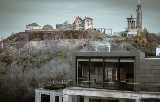 Edinburgh, Scotland - Jan 19, 2024 - View of Calton Hill with the skyline seen from the top of St James Quarter shopping centre in Edinburgh city. Destinations in Europe, Space for text, Selective focus.