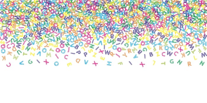 Concept of school background. Colorful childish falling letters of English language. Foreign languages study concept. Back to school banner .