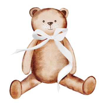 Teddy bear toy. Watercolor illustration hand drawing. Clip art of a bear isolated on a white background. Children's design. Ideal for birthday, baby shower and baptism invitations and cards, as well as tags. Clumsy cute animal