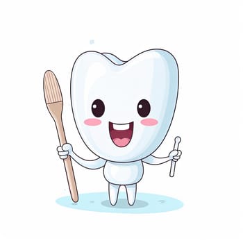 An illustration of a smiling tooth holding a bristled toothbrush, wearing shoes, and standing on white. The character has a big smile, open eyes, and holds the toothbrush in its both hand.