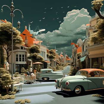 Retro city street scene with vintage cars people in 1950s style. Bygone era vibe with classic architecture. Ideal for stock agency use, retro ads, fashion editorials, travel guides.