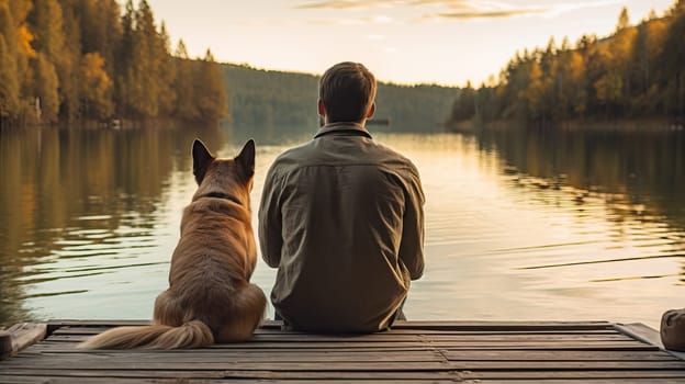 Man and his loyal dog companion sit on a wooden dock, enjoying a peaceful sunset over a serene lake. Concept of friendship, love, loyalty, nature, and relaxation.