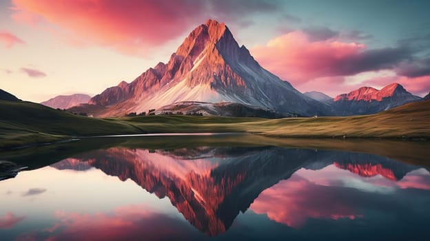 Breathtaking landscape of a majestic mountain peak reflected in a serene lake at sunset, with vibrant pink and purple hues illuminating the sky. Perfect for nature and travel themes.