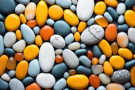 Abstract background of smooth, colorful pebbles in various shapes and sizes. Ideal for design, texture, and nature themes.