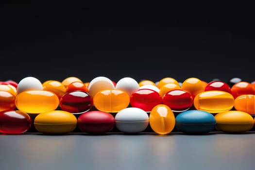 Assortment of colorful pills, tablets and capsules on dark background with copy space. Health care, vitamins, supplements, disease treatment concept.