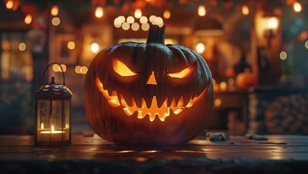Glowing Halloween pumpkin lantern with a spooky face on a wooden table, with a blurred background of festive lights and decorations. Perfect for Halloween, autumn, and spooky celebrations.