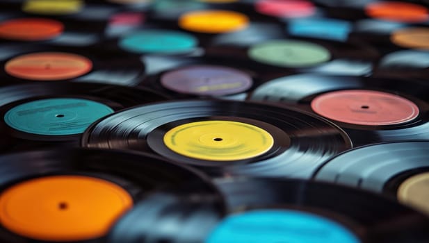 Collection of colorful vintage vinyl records. Retro music background with vinyl discs. Concept of nostalgia, music, and audio entertainment.