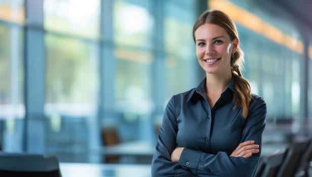 Portrait of a confident young businesswoman standing in a modern office with arms crossed, smiling at the camera.  Leadership, success, professional.