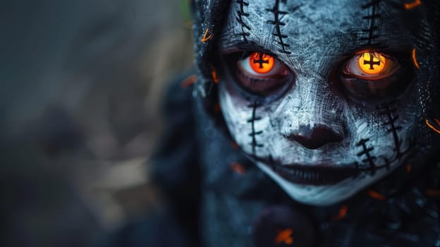 Creepy Halloween zombie child with stitched face and glowing orange eyes. Perfect for Halloween projects, horror themes, and spooky designs.