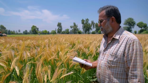 Indian farmer examining crop in agricultural field, holding notepad and inspecting growth, agriculture and farming concept, rural India, farmer in wheat field, barley field